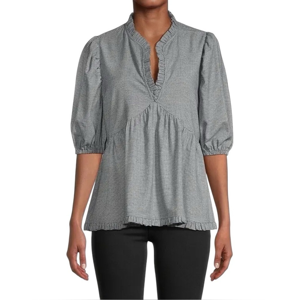 Harshman Aiya Blouse Navy Houndstooth Check Plus 3X NWT Cotton Wool